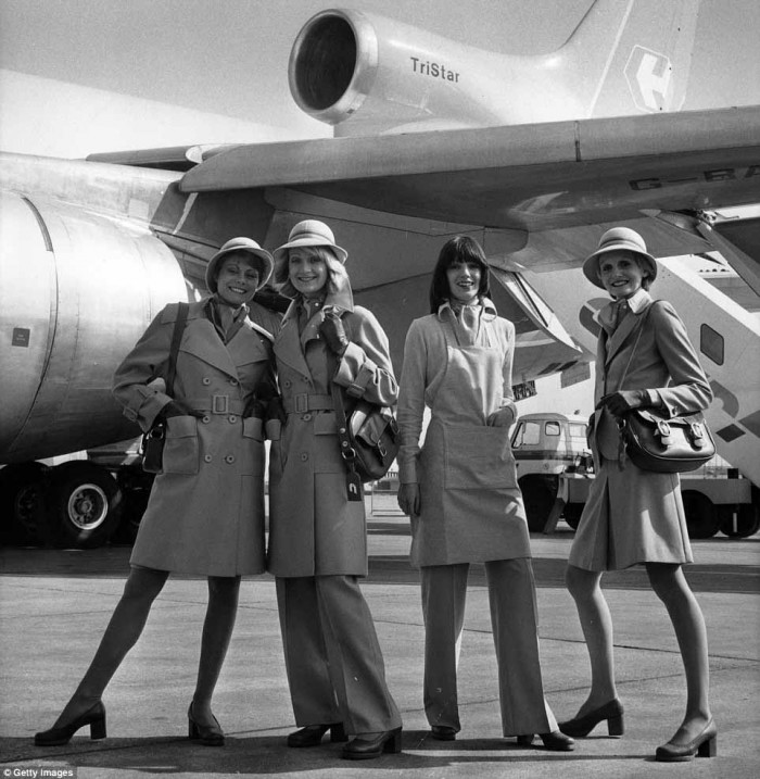 In 1973 a group of air hostesses model the new uniforms designed by Mary Quant for cabin crew of Court Line Aviation