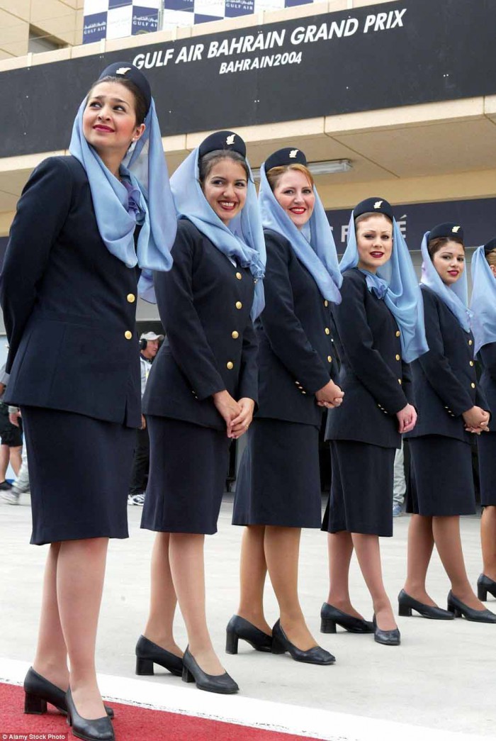 Because of religious reasons air hostesses of Bahraini airline Gulf Air wear knee-long skirts and a veil as part of their uniforms - and this hasn't changed today